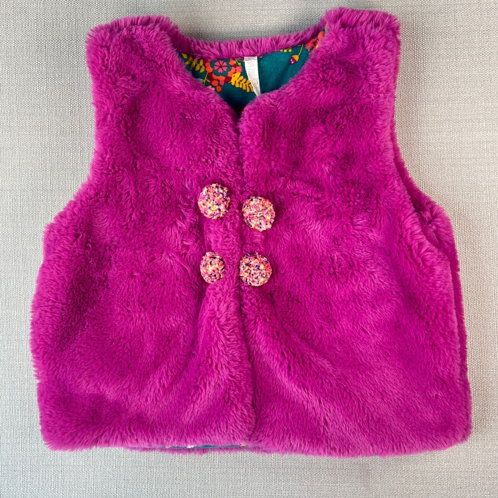 Matilda Jane Faux Fur Vest Kids Size 10 Pink Floral Lined Pom Pom Buttons